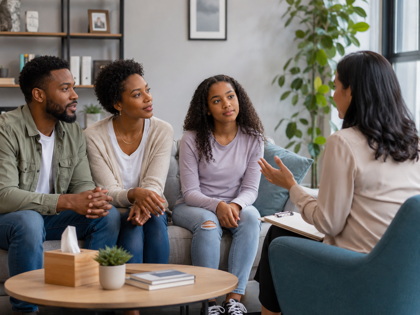 A family in a counseling session — we support women, their families, and friends